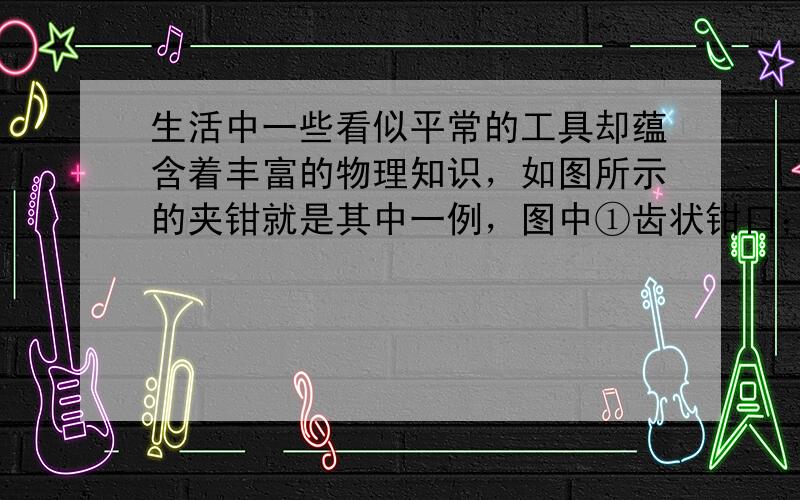 生活中一些看似平常的工具却蕴含着丰富的物理知识，如图所示的夹钳就是其中一例，图中①齿状钳口；②刀口；③转轴；④手柄；⑤带