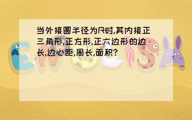 当外接圆半径为R时,其内接正三角形,正方形,正六边形的边长,边心距,周长,面积?