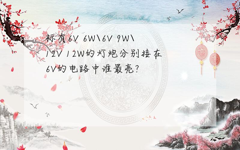 标有6V 6W\6V 9W\12V 12W的灯炮分别接在6V的电路中谁最亮?