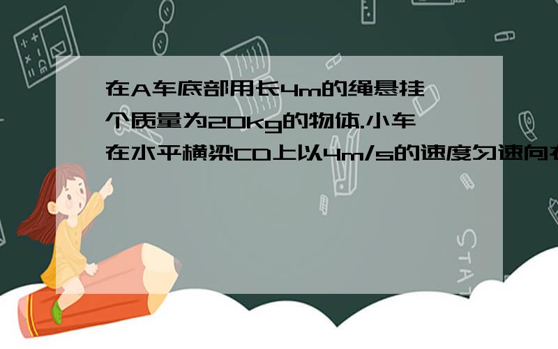 在A车底部用长4m的绳悬挂一个质量为20kg的物体.小车在水平横梁CD上以4m/s的速度匀速向右运动、这是绳对B