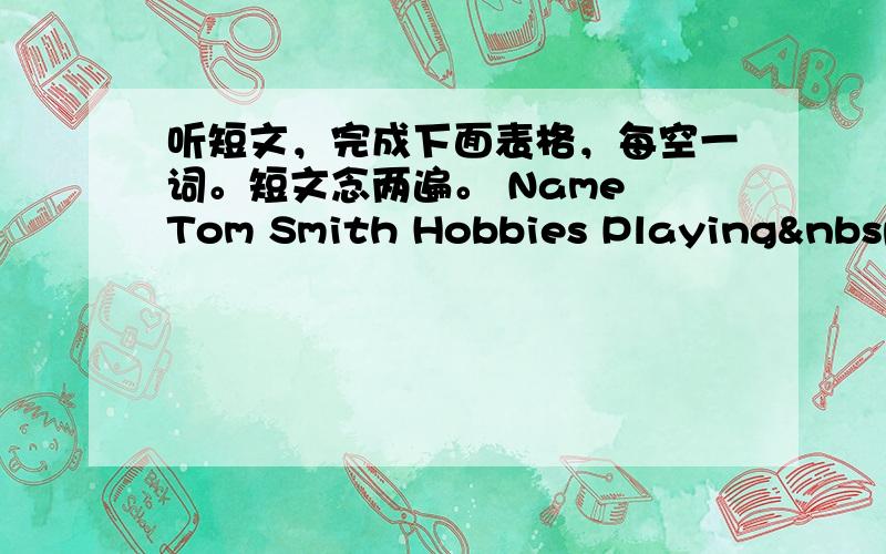 听短文，完成下面表格，每空一词。短文念两遍。 Name Tom Smith Hobbies Playing 3