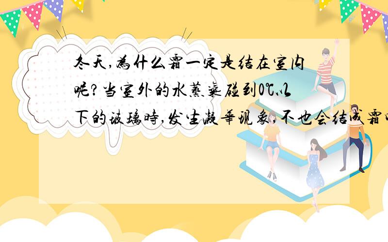 冬天,为什么霜一定是结在室内呢?当室外的水蒸气碰到0℃以下的玻璃时,发生凝华现象,不也会结成霜吗