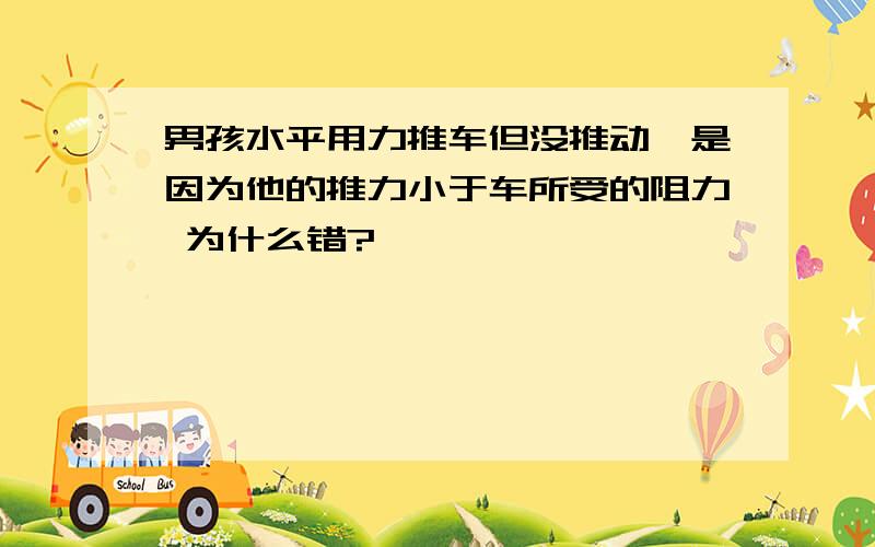 男孩水平用力推车但没推动,是因为他的推力小于车所受的阻力 为什么错?