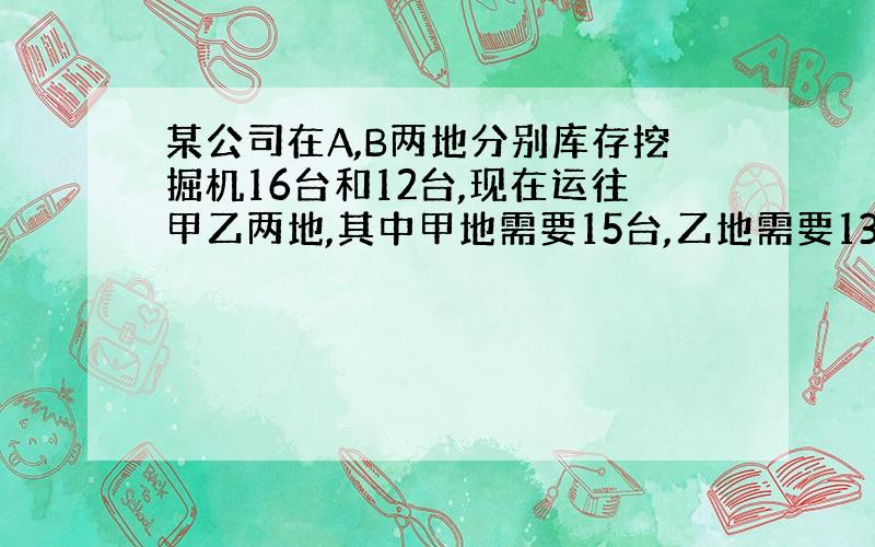 某公司在A,B两地分别库存挖掘机16台和12台,现在运往甲乙两地,其中甲地需要15台,乙地需要13台,从A地运一台到甲乙