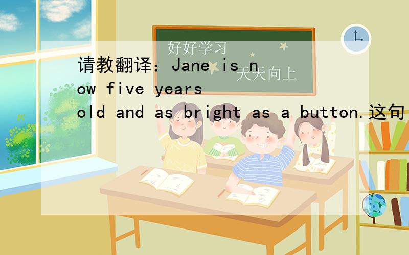 请教翻译：Jane is now five years old and as bright as a button.这句