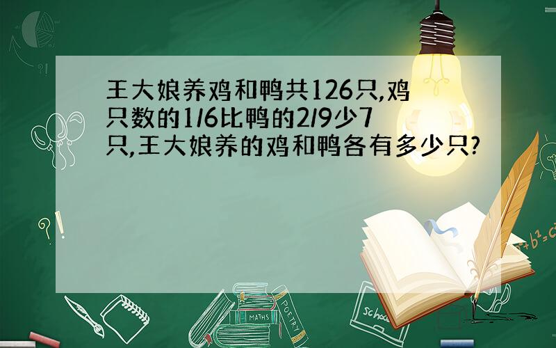 王大娘养鸡和鸭共126只,鸡只数的1/6比鸭的2/9少7只,王大娘养的鸡和鸭各有多少只?