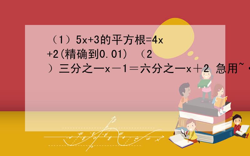 （1）5x+3的平方根=4x+2(精确到0.01) （2）三分之一x－1＝六分之一x＋2 急用~·