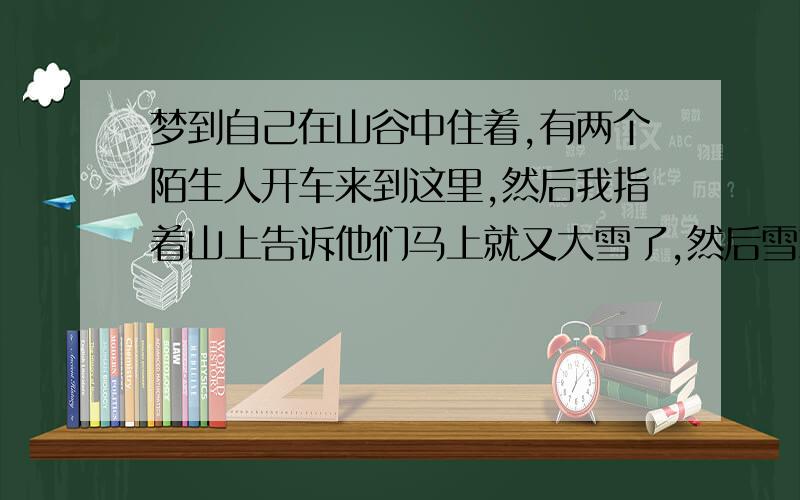 梦到自己在山谷中住着,有两个陌生人开车来到这里,然后我指着山上告诉他们马上就又大雪了,然后雪就下了下来