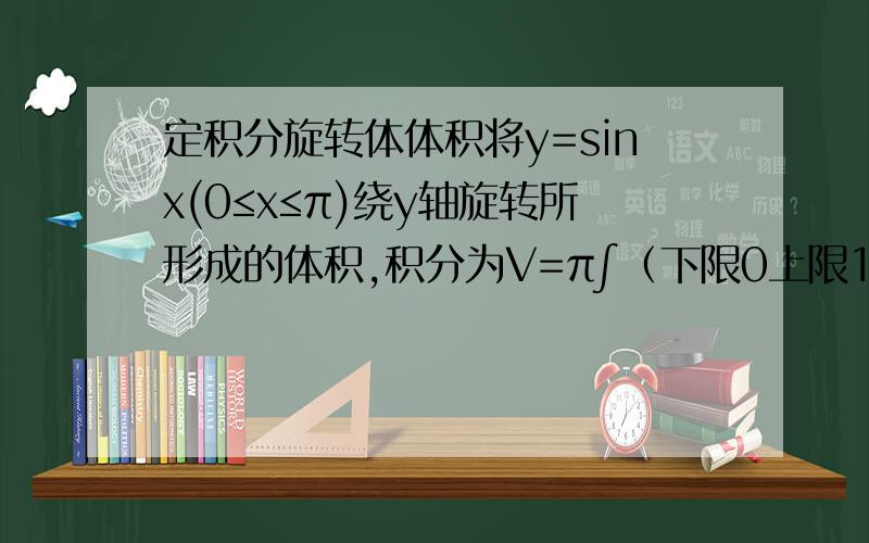 定积分旋转体体积将y=sinx(0≤x≤π)绕y轴旋转所形成的体积,积分为V=π∫（下限0上限1）[(π-arcsiny