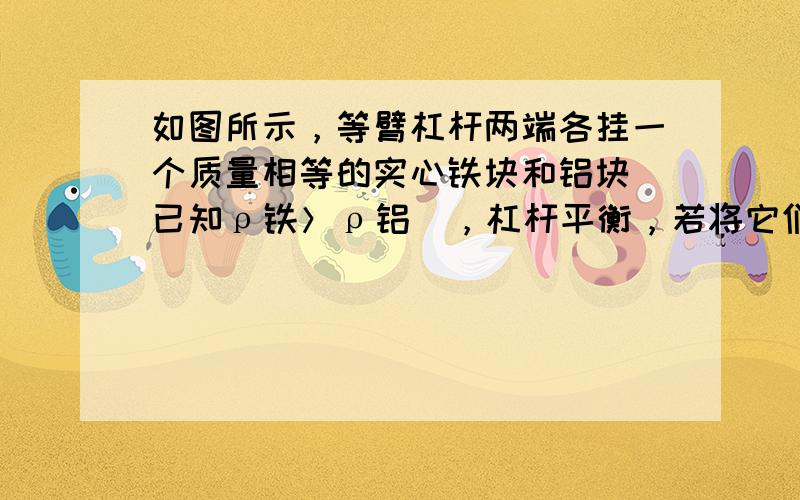 如图所示，等臂杠杆两端各挂一个质量相等的实心铁块和铝块（已知ρ铁＞ρ铝），杠杆平衡，若将它们同时浸没在水中，杠杆将（