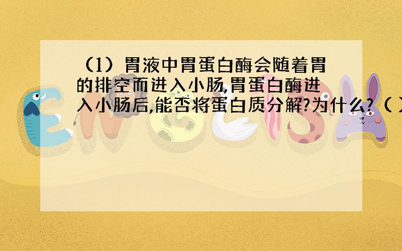 （1）胃液中胃蛋白酶会随着胃的排空而进入小肠,胃蛋白酶进入小肠后,能否将蛋白质分解?为什么?（ ）