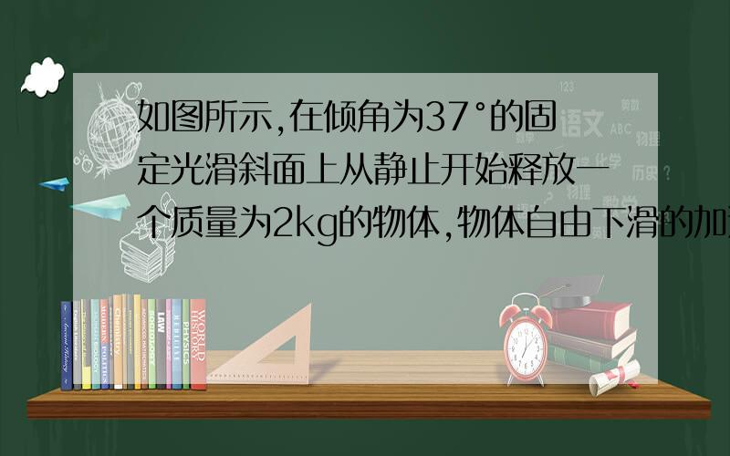 如图所示,在倾角为37°的固定光滑斜面上从静止开始释放一个质量为2kg的物体,物体自由下滑的加速度大小是多少?（g=10