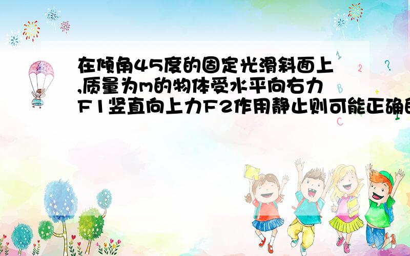 在倾角45度的固定光滑斜面上,质量为m的物体受水平向右力F1竖直向上力F2作用静止则可能正确的是