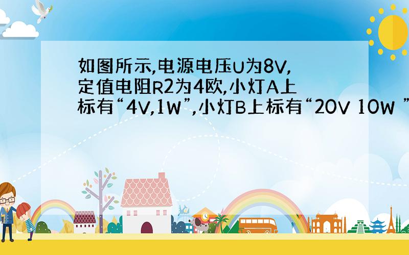 如图所示,电源电压U为8V,定值电阻R2为4欧,小灯A上标有“4V,1W”,小灯B上标有“20V 10W ”的字样,电路