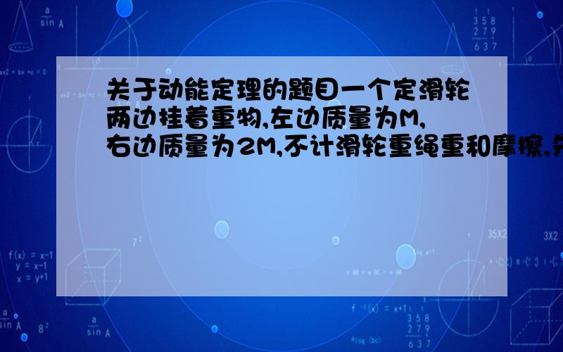 关于动能定理的题目一个定滑轮两边挂着重物,左边质量为M,右边质量为2M,不计滑轮重绳重和摩擦,先是用手托着质量为2M的物