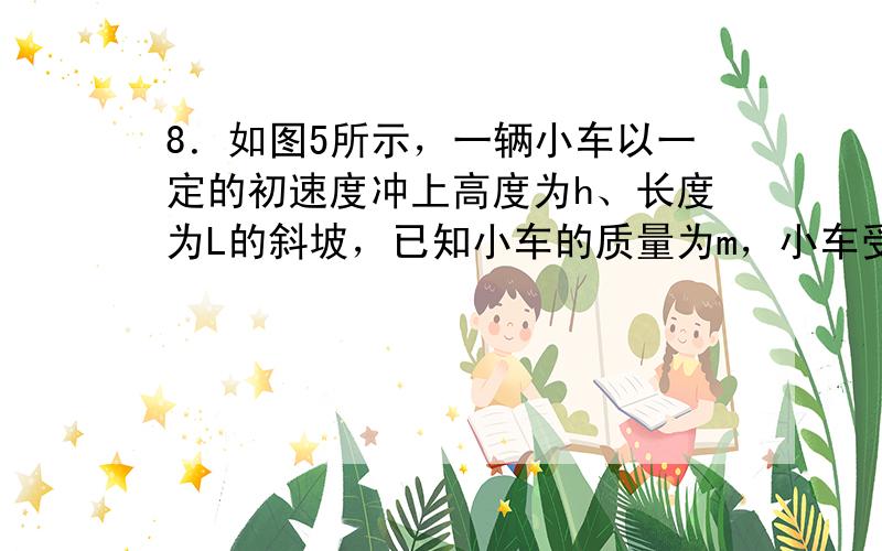 8．如图5所示，一辆小车以一定的初速度冲上高度为h、长度为L的斜坡，已知小车的质量为m，小车受到沿斜面向下的阻力为f，则