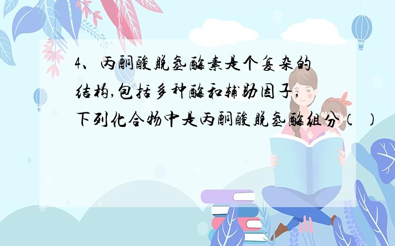 4、丙酮酸脱氢酶素是个复杂的结构,包括多种酶和辅助因子,下列化合物中是丙酮酸脱氢酶组分（ ）