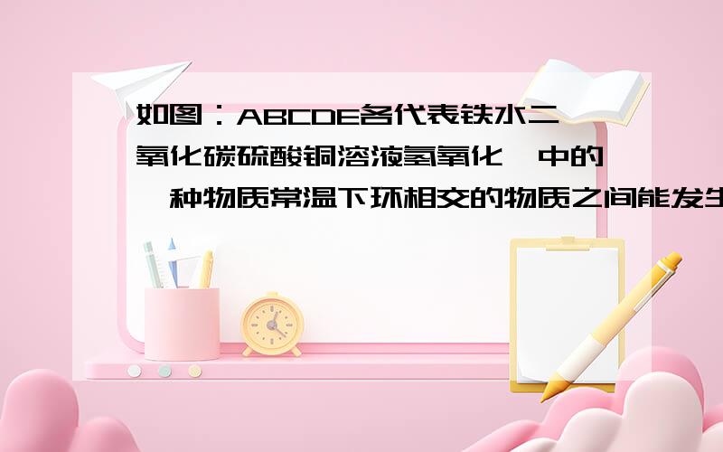 如图：ABCDE各代表铁水二氧化碳硫酸铜溶液氢氧化钡中的一种物质常温下环相交的物质之间能发生反应,不相交的物质之间不能发