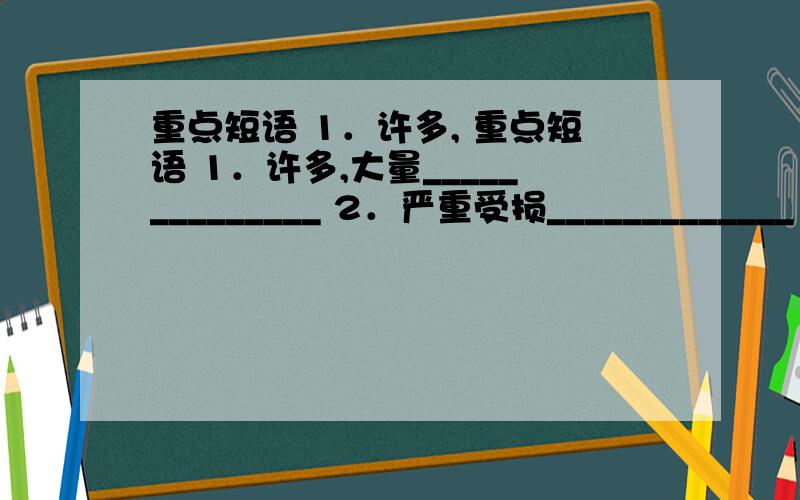 重点短语 1．许多, 重点短语 1．许多,大量______________ 2．严重受损_____________ 3．