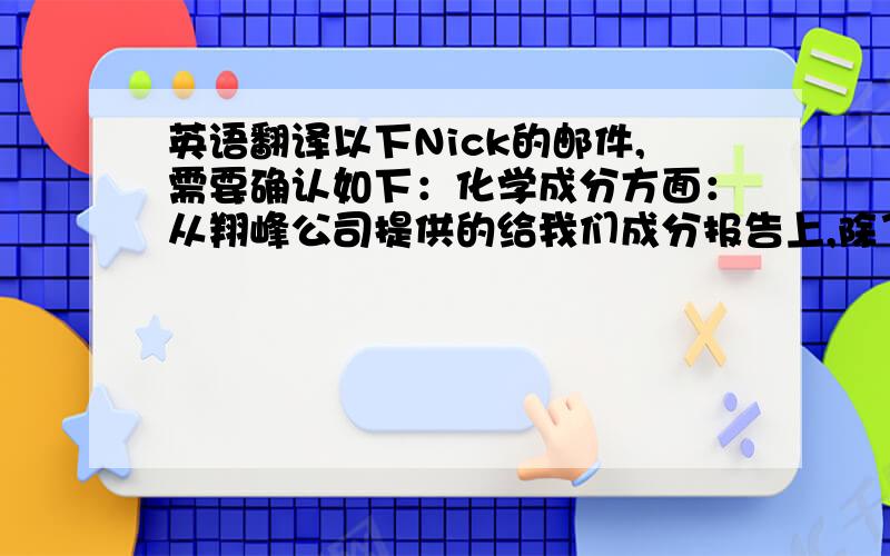 英语翻译以下Nick的邮件,需要确认如下：化学成分方面：从翔峰公司提供的给我们成分报告上,除了氧含量没有标示,其余均可以