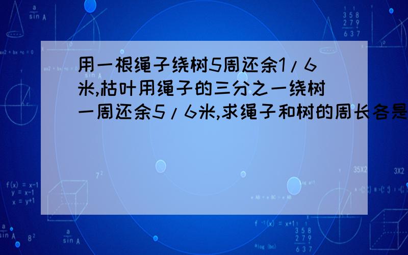 用一根绳子绕树5周还余1/6米,枯叶用绳子的三分之一绕树一周还余5/6米,求绳子和树的周长各是多少米?方程