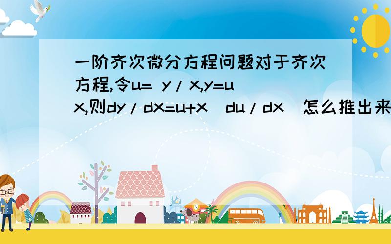 一阶齐次微分方程问题对于齐次方程,令u= y/x,y=ux,则dy/dx=u+x(du/dx)怎么推出来的