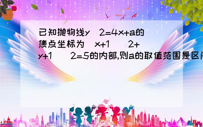 已知抛物线y^2=4x+a的焦点坐标为(x+1)^2+(y+1)^2=5的内部,则a的取值范围是区间