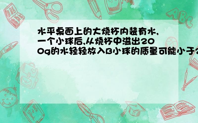 水平桌面上的大烧杯内装有水,一个小球后,从烧杯中溢出200g的水轻轻放入B小球的质量可能小于200g 为什么不