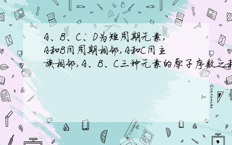 A、B、C、D为短周期元素,A和B同周期相邻,A和C同主族相邻,A、B、C三种元素的原子序数之和为31,D元素与A、B、