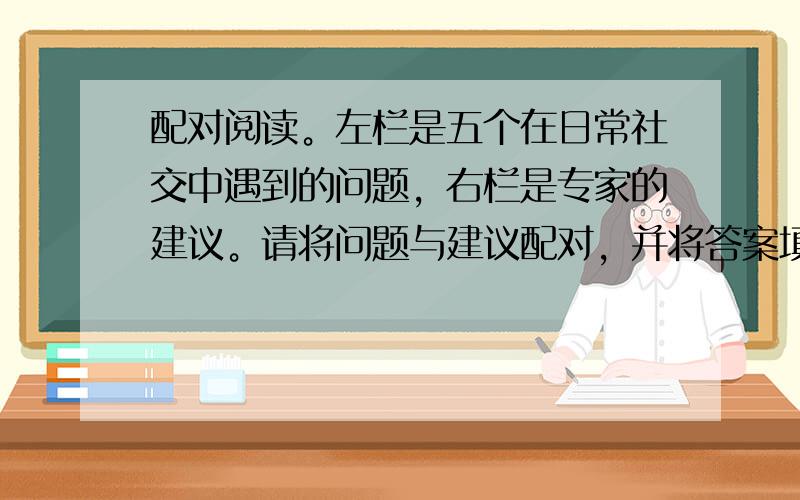 配对阅读。左栏是五个在日常社交中遇到的问题，右栏是专家的建议。请将问题与建议配对，并将答案填写在答题卡上对应位置。