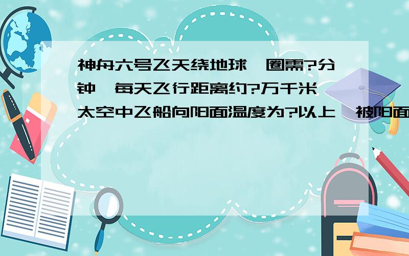 神舟六号飞天绕地球一圈需?分钟,每天飞行距离约?万千米,太空中飞船向阳面温度为?以上,被阳面超过?度,飞船返回时与大气剧