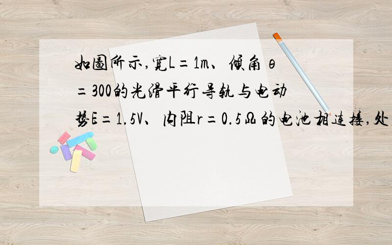 如图所示,宽L=1m、倾角θ=300的光滑平行导轨与电动势E=1.5V、内阻r=0.5Ω的电池相连接,处在磁感应强度B=