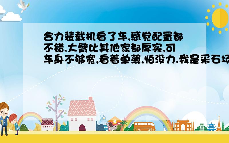 合力装载机看了车,感觉配置都不错,大臂比其他家都厚实,可车身不够宽,看着单薄,怕没力.我是采石场用的,附近有几个煤场的用