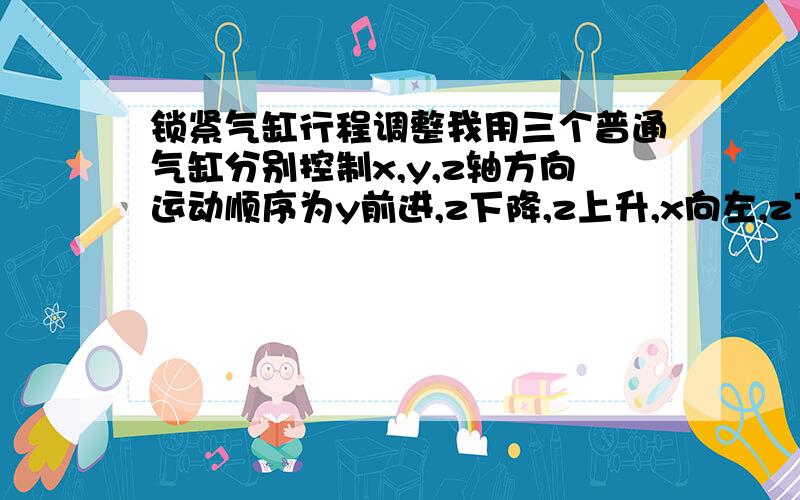 锁紧气缸行程调整我用三个普通气缸分别控制x,y,z轴方向运动顺序为y前进,z下降,z上升,x向左,z下降,z上升,x向右