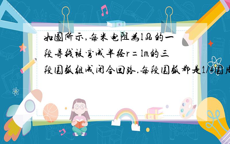 如图所示,每米电阻为lΩ的一段导线被弯成半径r=lm的三段圆弧组成闭合回路．每段圆弧都是1/4圆周,位于空间直角坐标系的