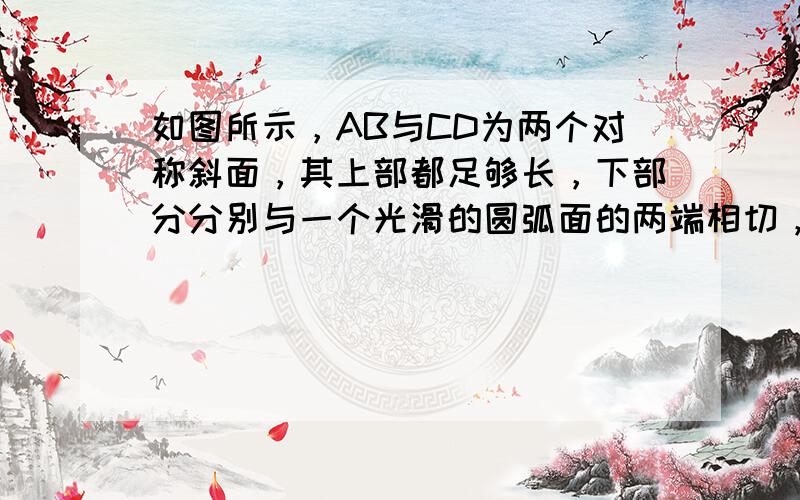 如图所示，AB与CD为两个对称斜面，其上部都足够长，下部分分别与一个光滑的圆弧面的两端相切，圆弧圆心角为1200，半径R