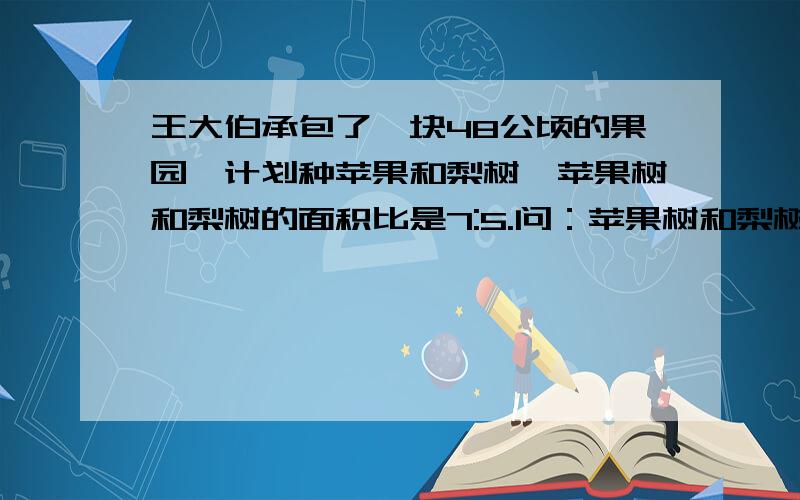 王大伯承包了一块48公顷的果园,计划种苹果和梨树,苹果树和梨树的面积比是7:5.问：苹果树和梨树各种了