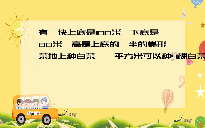 有一块上底是100米,下底是80米,高是上底的一半的梯形菜地上种白菜,一平方米可以种4棵白菜