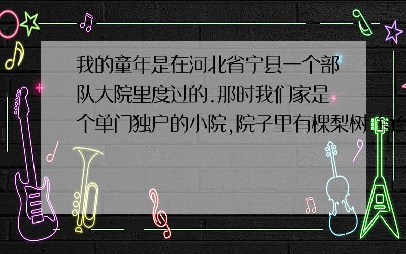 我的童年是在河北省宁县一个部队大院里度过的.那时我们家是个单门独户的小院,院子里有棵梨树.每到八九月份,金灿灿的梨儿便沉