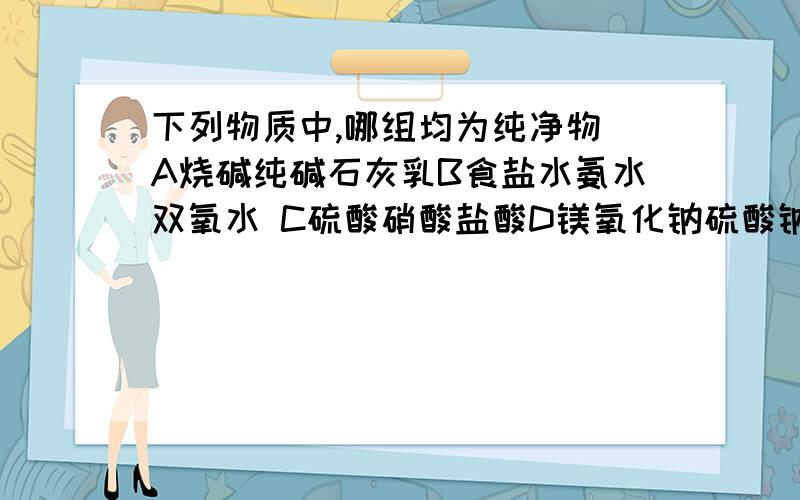 下列物质中,哪组均为纯净物 A烧碱纯碱石灰乳B食盐水氨水双氧水 C硫酸硝酸盐酸D镁氧化钠硫酸钠