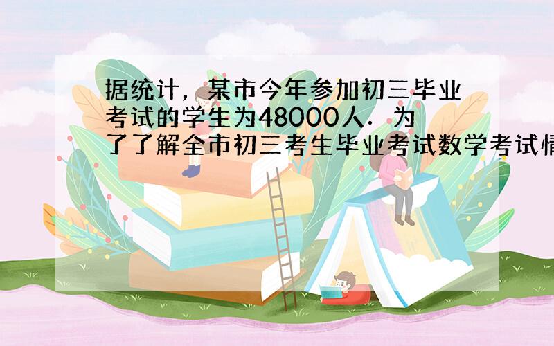 据统计，某市今年参加初三毕业考试的学生为48000人．为了了解全市初三考生毕业考试数学考试情况，从中随机抽取了600名考