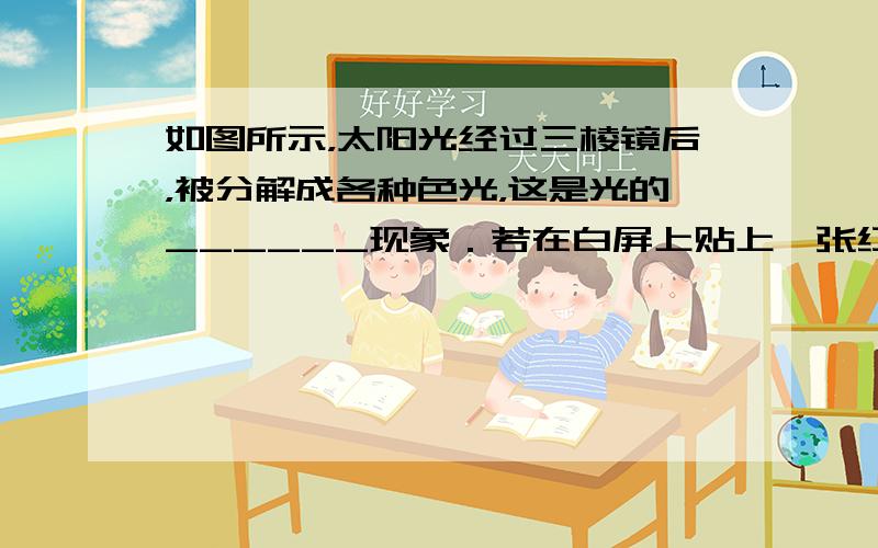 如图所示，太阳光经过三棱镜后，被分解成各种色光，这是光的______现象．若在白屏上贴上一张红纸，则在屏上看到_____