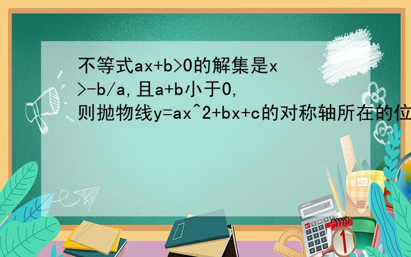 不等式ax+b>0的解集是x>-b/a,且a+b小于0,则抛物线y=ax^2+bx+c的对称轴所在的位置是————.