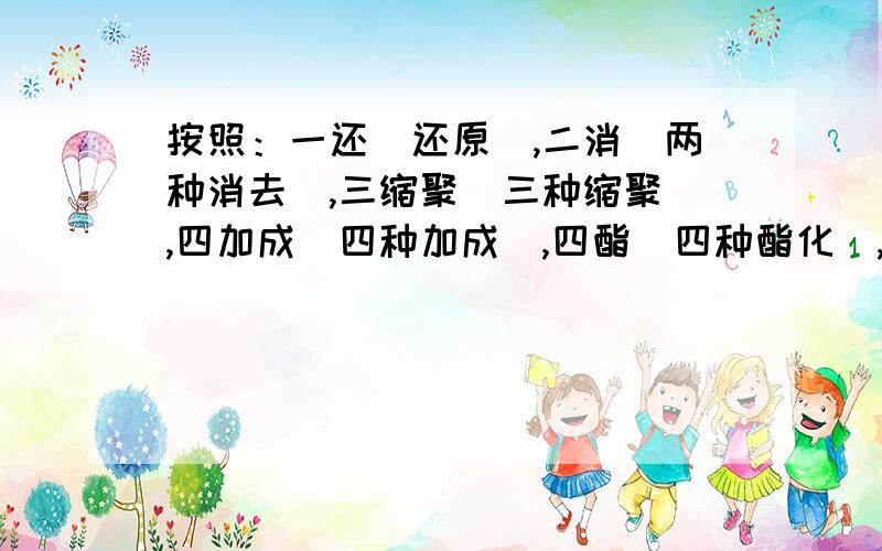 按照：一还（还原）,二消（两种消去）,三缩聚（三种缩聚）,四加成（四种加成）,四酯（四种酯化）,四水解（四种水解）,四相