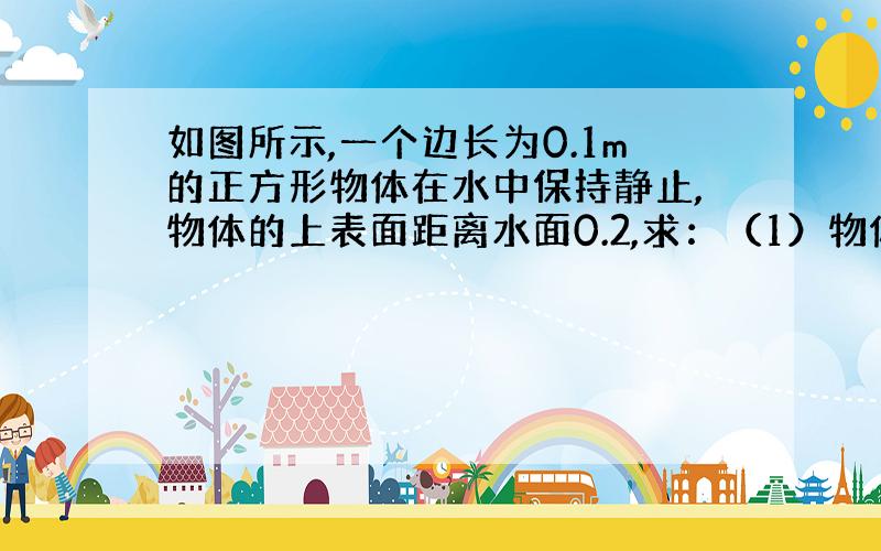 如图所示,一个边长为0.1m的正方形物体在水中保持静止,物体的上表面距离水面0.2,求：（1）物体上下两个