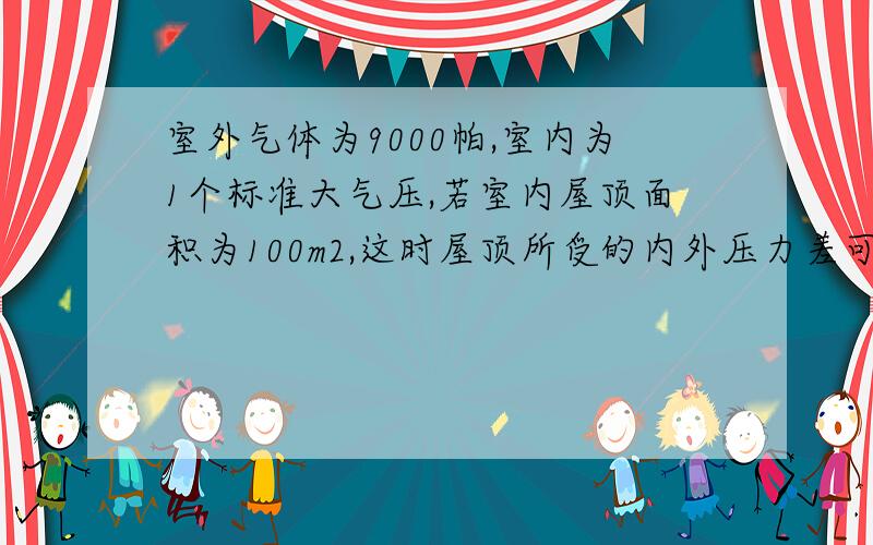 室外气体为9000帕,室内为1个标准大气压,若室内屋顶面积为100m2,这时屋顶所受的内外压力差可达多少?