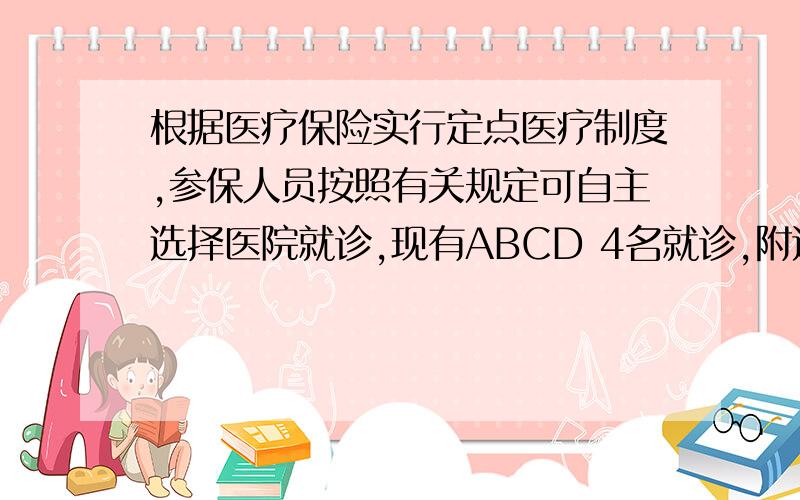 根据医疗保险实行定点医疗制度,参保人员按照有关规定可自主选择医院就诊,现有ABCD 4名就诊,附近有甲乙丙三甲医院供选择