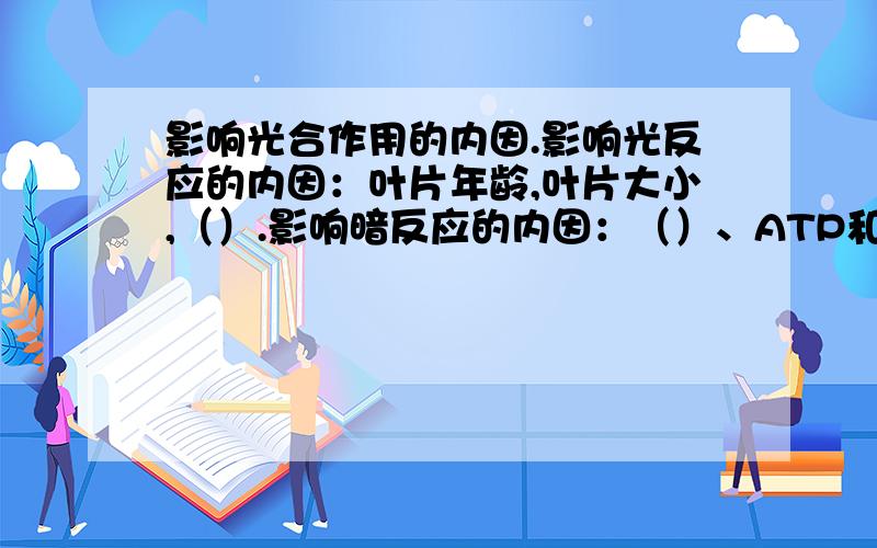 影响光合作用的内因.影响光反应的内因：叶片年龄,叶片大小,（）.影响暗反应的内因：（）、ATP和【H】的多少.