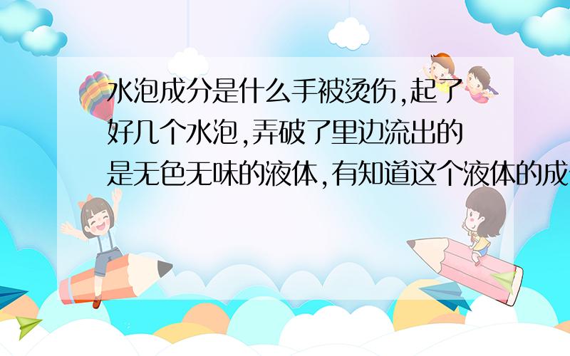 水泡成分是什么手被烫伤,起了好几个水泡,弄破了里边流出的是无色无味的液体,有知道这个液体的成分的吗?别跟我说用“清水洗净