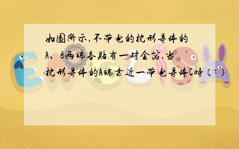 如图所示,不带电的枕形导体的A、B两端各贴有一对金箔．当枕形导体的A端靠近一带电导体C时（ ）